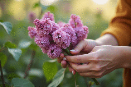 Mains tenant délicatement un rameau de lilas pour propagation