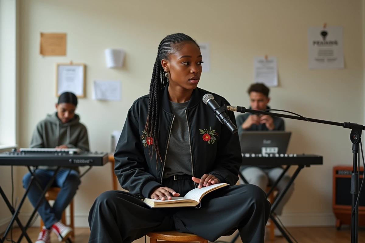 Jeune rappeuse enregistrant ses textes dans un atelier musical communautaire à Sarcelles dans le 95