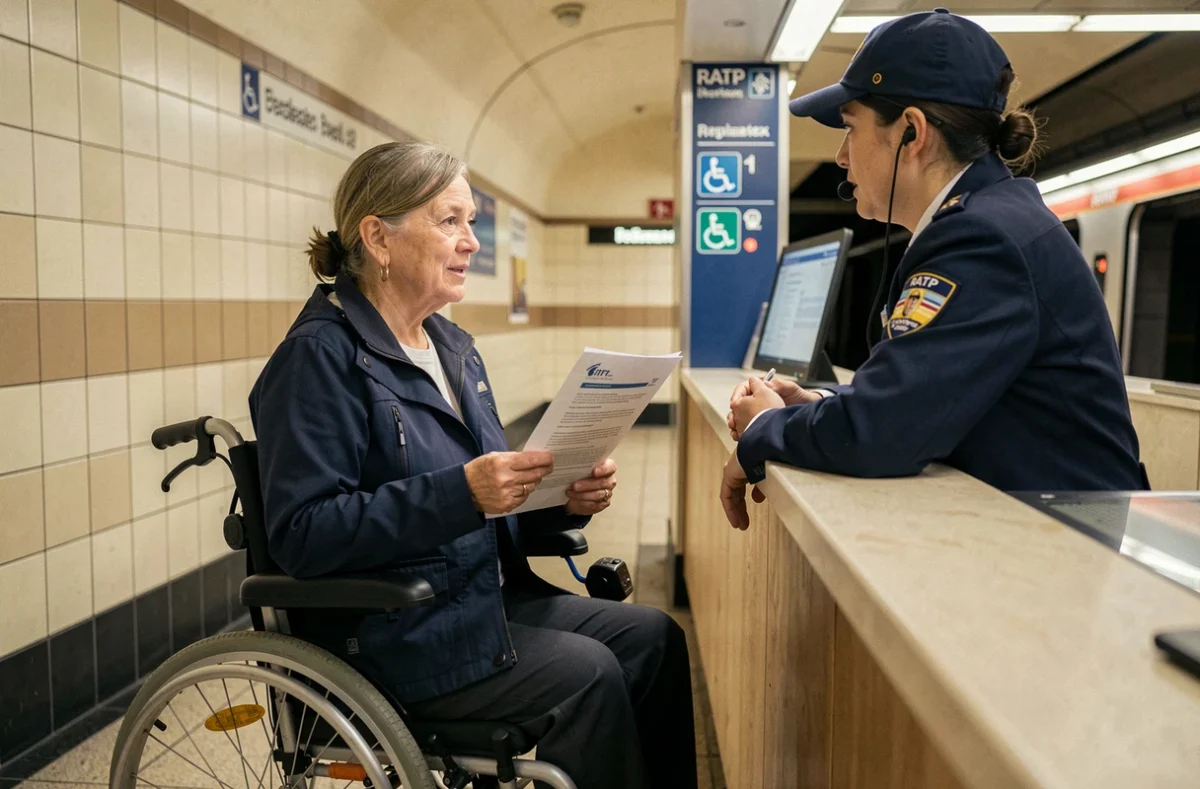 Une femme en fauteuil roulant motorisé dépose une réclamation auprès d'un agent RATP au guichet d'une station de métro parisienne