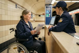 Une femme en fauteuil roulant motorisé dépose une réclamation auprès d'un agent RATP au guichet d'une station de métro parisienne
