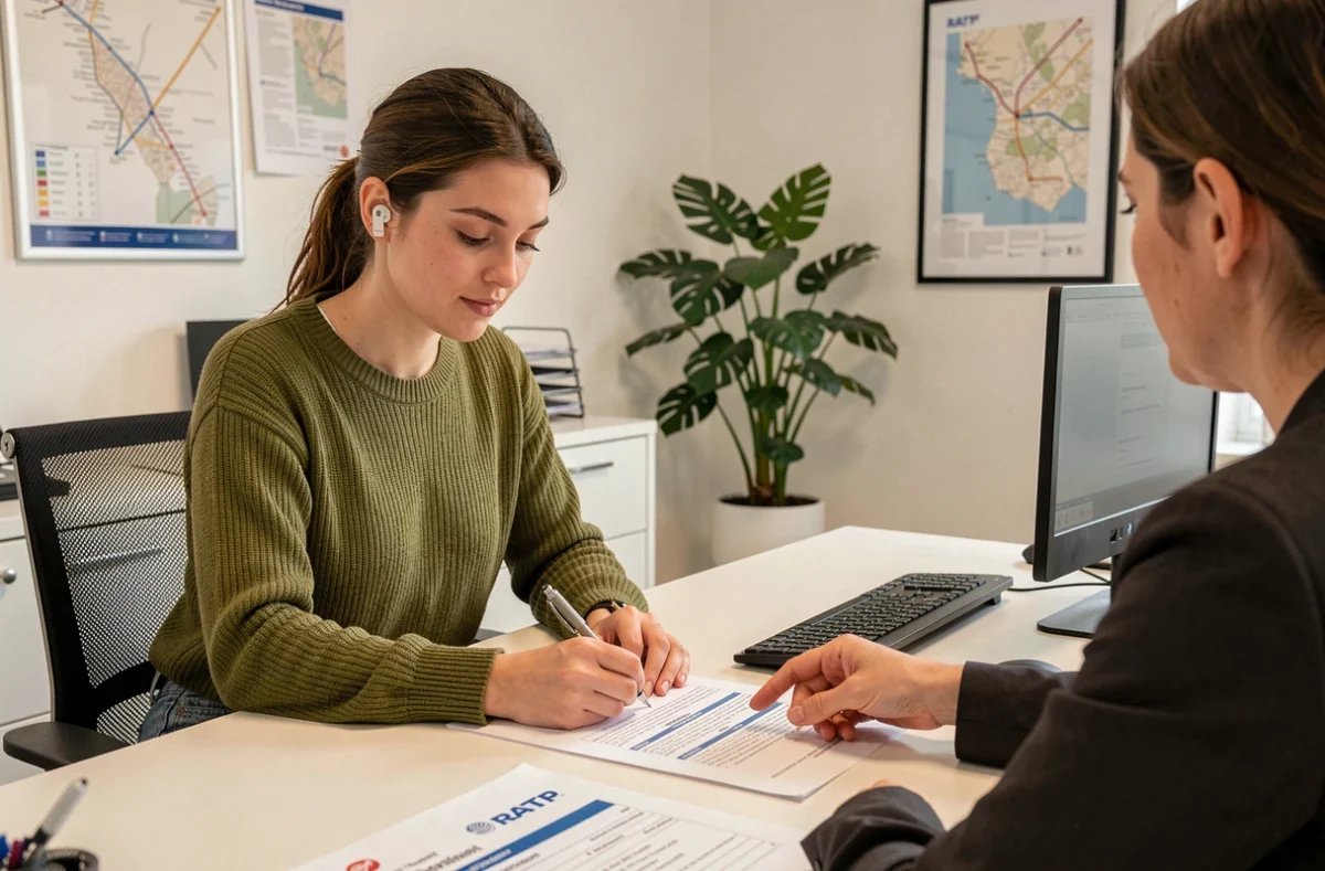 Une femme malentendante remplit un formulaire de recours RATP avec l'aide d'un conseiller dans un bureau d'accompagnement handicap