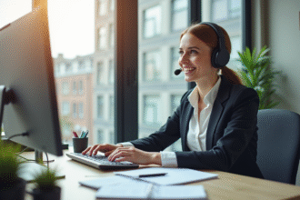 Représentant service client souriant avec casque et ordinateur