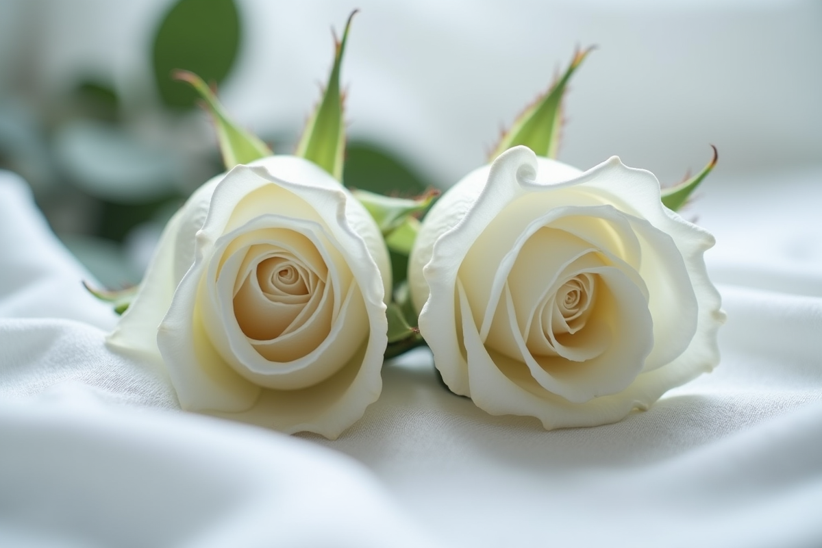 Roses argentées entrelacees sur linge blanc