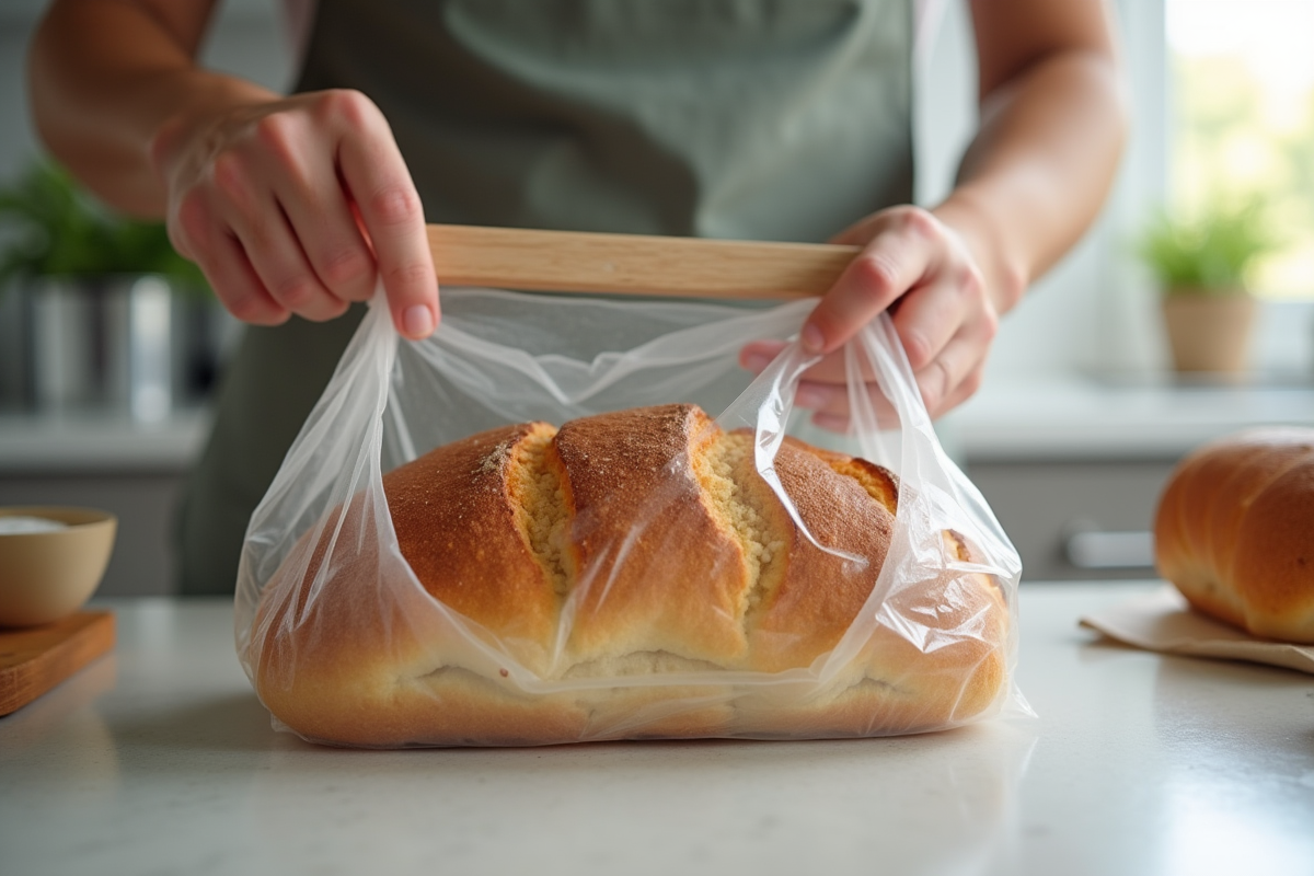 Main plaçant un pain frais dans un sac de congélation sur un plan de travail lumineux