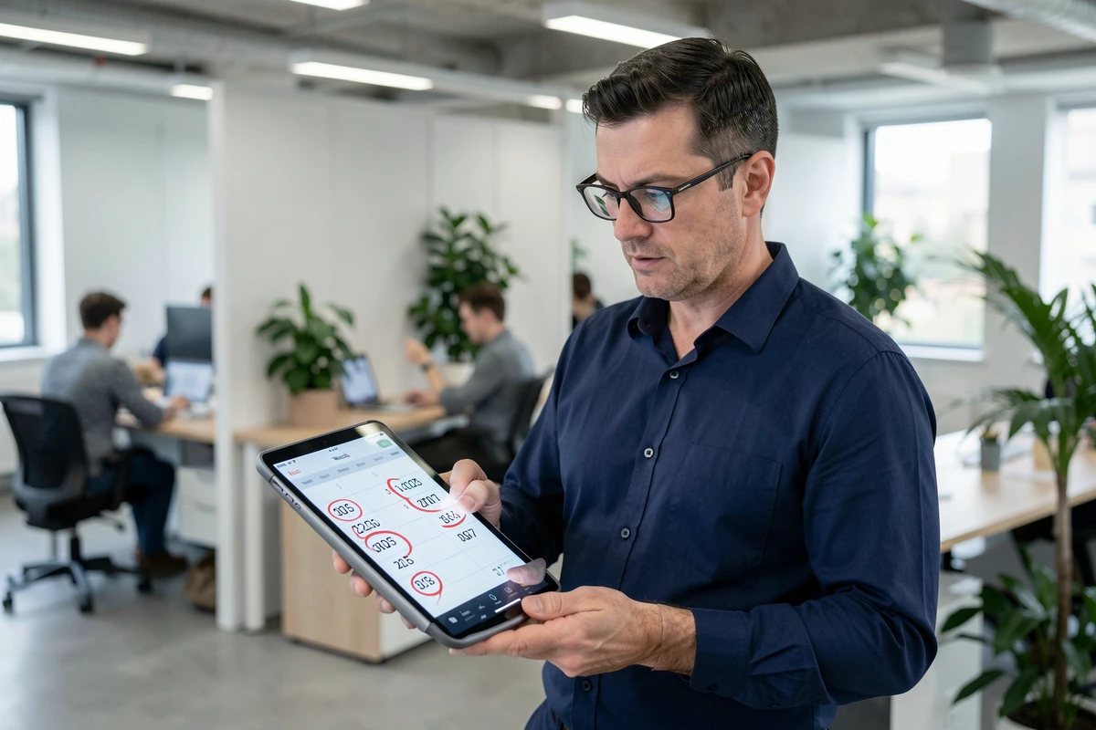 Homme consultant un planning numérique sur tablette pour identifier une semaine impaire au bureau