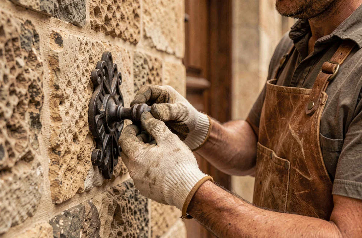 Artisan de la Serrurerie A Banos posant une poignée en fer forgé sur un immeuble historique à Toulouse