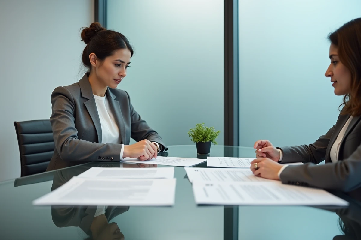 Deux professionnels signant et examinant un contrat financier autour d'une table de conférence en verre moderne