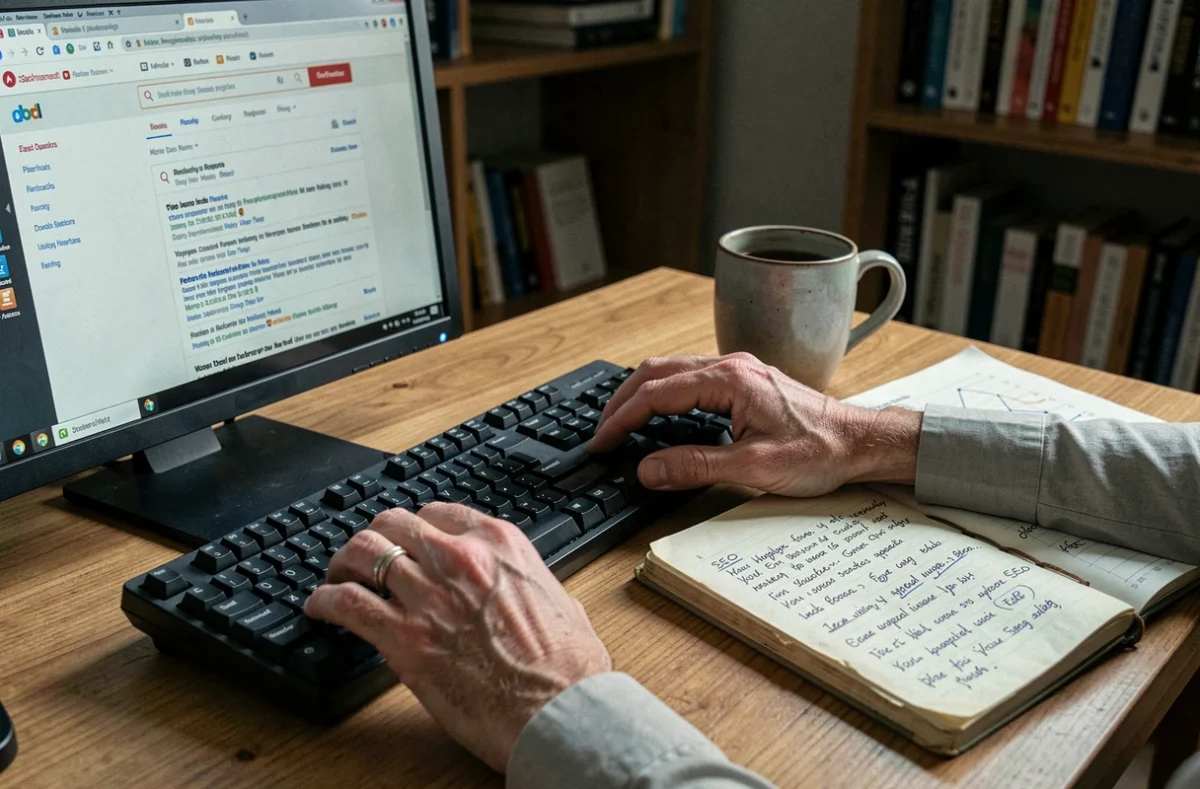 Mains d'un spécialiste SEO tapant une requête expérimentale sur clavier avec un carnet de recherche annoté à côté