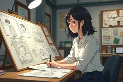 Animatrice japonaise dans un studio de production anime à Tokyo, travaillant sur des storyboards et des cels d'animation pour une série comme Tengoku Daimakyou saison 2