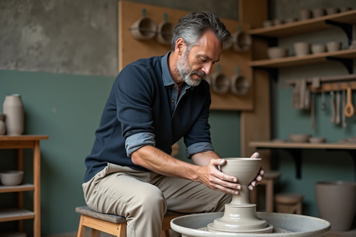 Homme adulte façonnant un bol en céramique sur un tour de potier dans un atelier urbain tendance DIY 2026