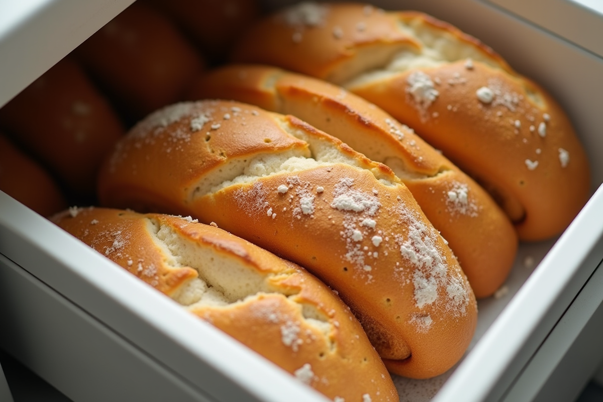 Tranches de pain artisanal disposées dans un tiroir congélateur en vue de dessus