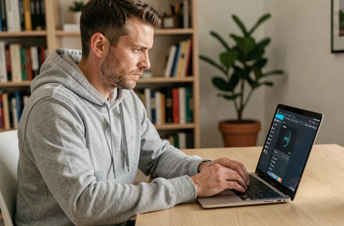 Homme adulte utilisant un VPN sur son ordinateur portable dans un bureau à domicile moderne
