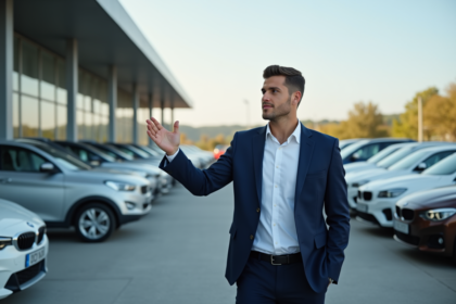 Jeune vendeur automobile en costume dans un concessionnaire