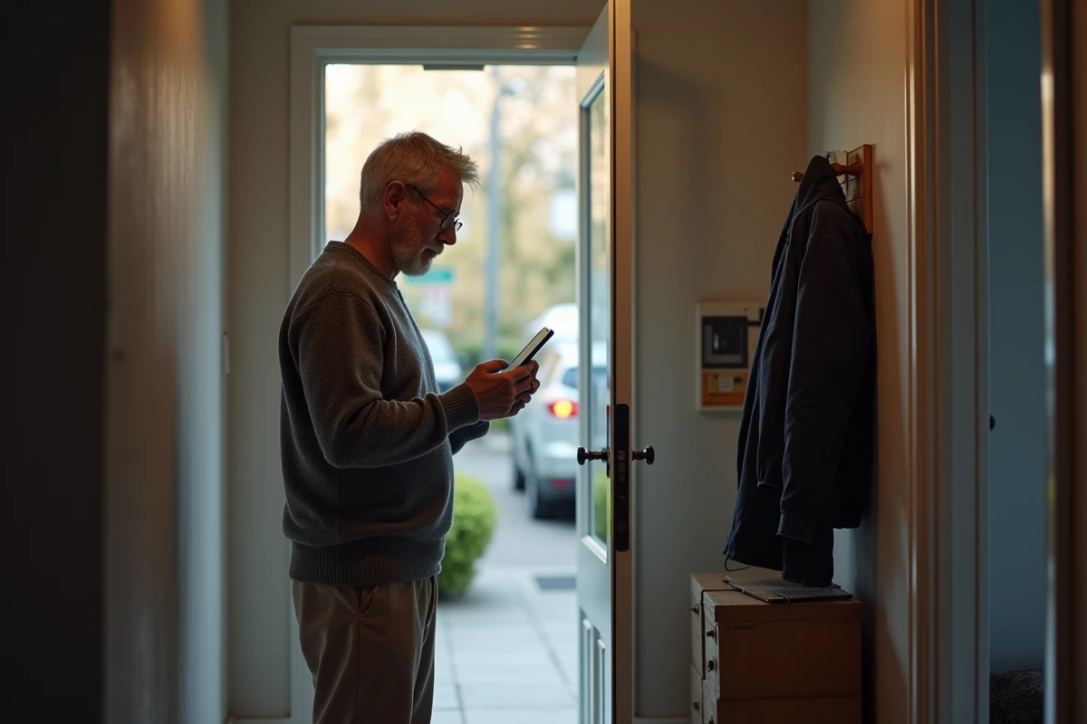 Homme comparant un numéro de téléphone de livreur sur son smartphone avec un avis de passage Amazon dans son couloir d'entrée