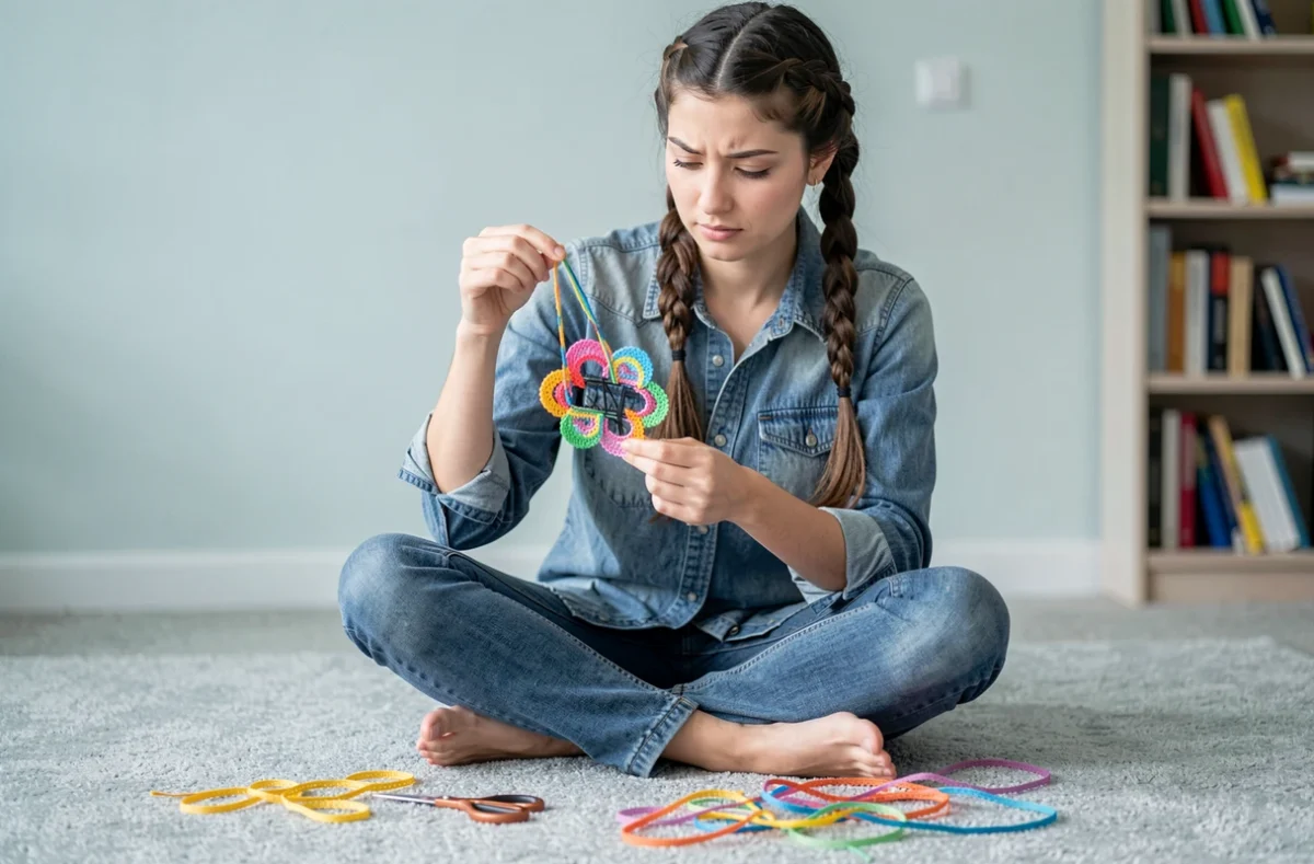 Jeune femme examinant l'envers d'une scoubidou fleur terminée pour vérifier l'absence de nœuds visibles, assise sur un tapis gris