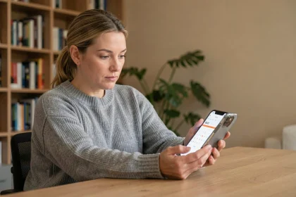 Femme vérifiant le numéro de semaine impaire sur une application de calendrier sur smartphone