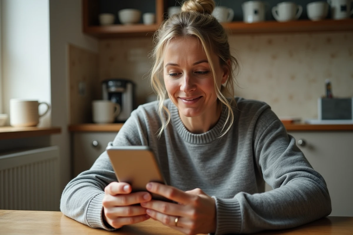 Femme vérifiant le suivi de commande Amazon sur son smartphone à la table de cuisine pour identifier son livreur