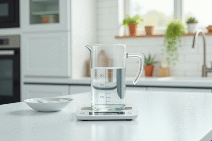 Verre mesureur avec 150 ml d'eau sur plan de cuisine
