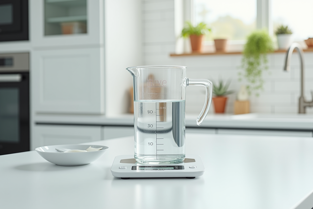 Verre mesureur avec 150 ml d'eau sur plan de cuisine