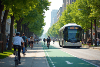 Rue urbaine moderne avec vélos et bus électrique en journée