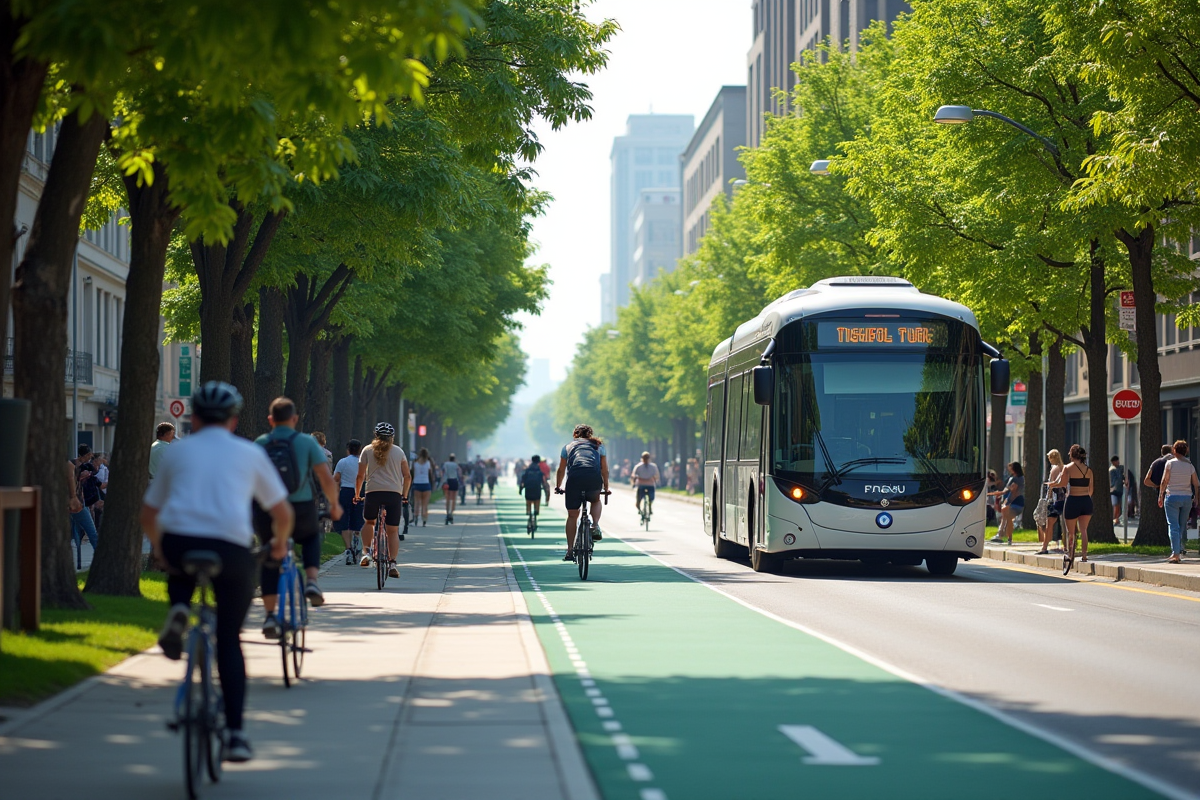 Rue urbaine moderne avec vélos et bus électrique en journée
