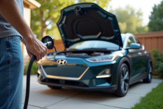 Personne tenant un câble de charge devant une voiture hybride moderne