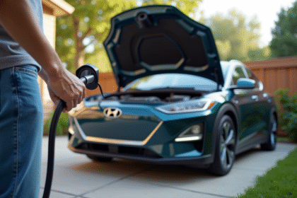 Personne tenant un câble de charge devant une voiture hybride moderne