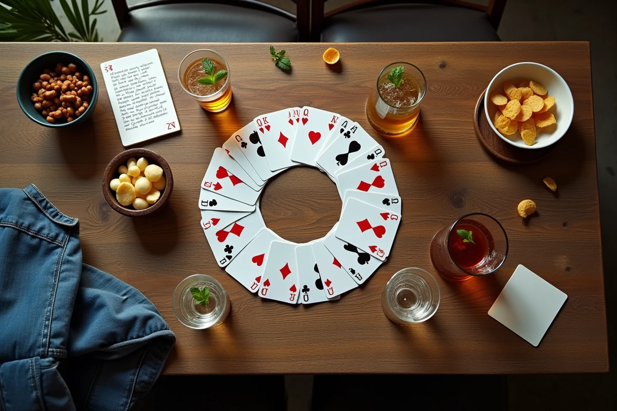 Vue aérienne d'un jeu de cartes Palmier disposé en cercle sur une table en bois avec des verres de boissons variées lors d'une soirée jeu