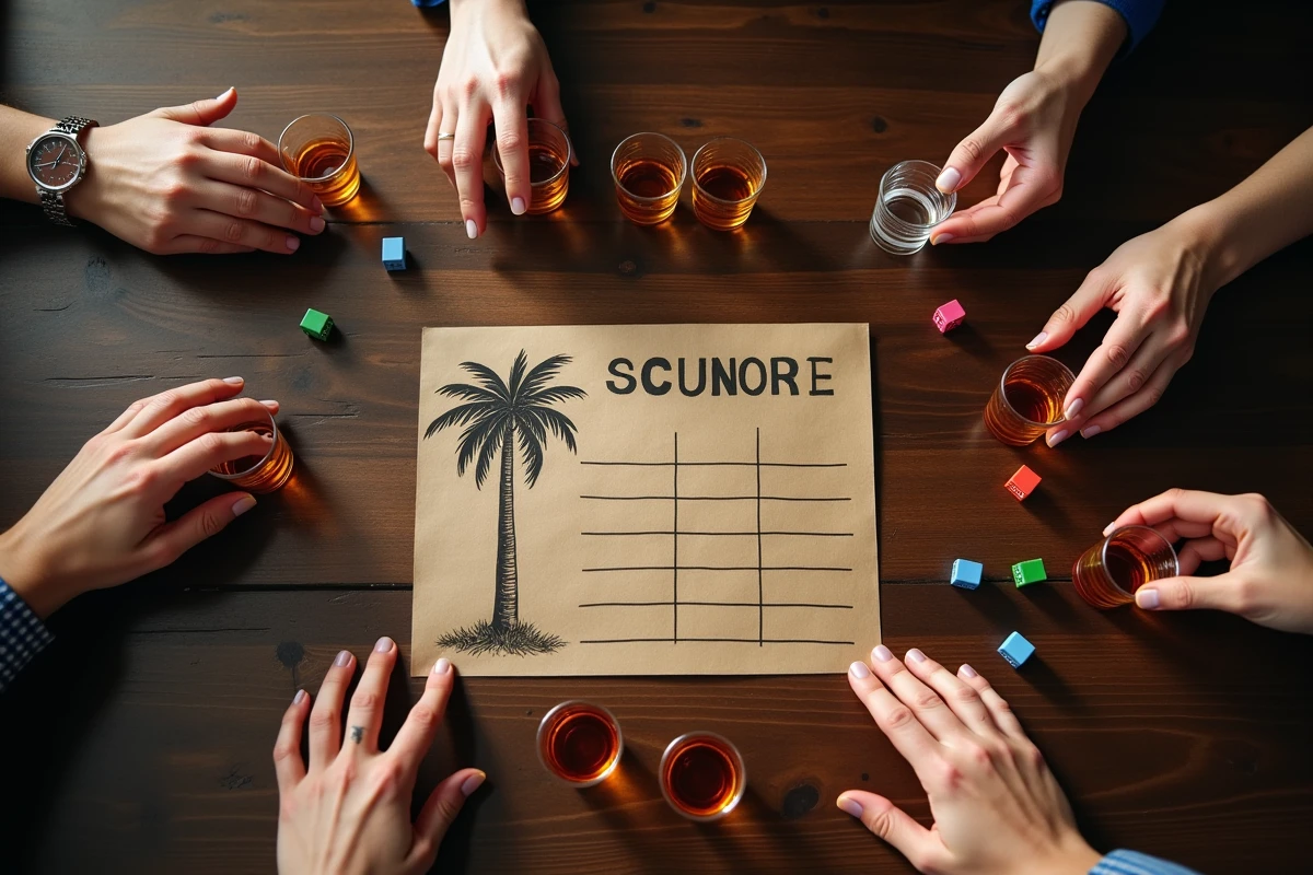 Vue aérienne d'un jeu du Palmier avec verres à shot, cartes de score et mains de joueurs autour d'une table en bois sombre